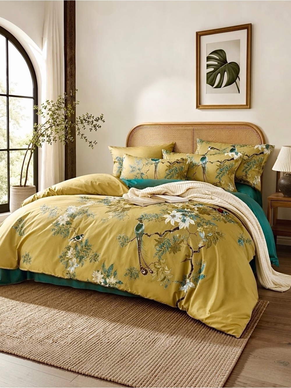 NEW Anthropologie Yellow Boho King / Queen Floral Bird Bedding Duvet & Sham Set